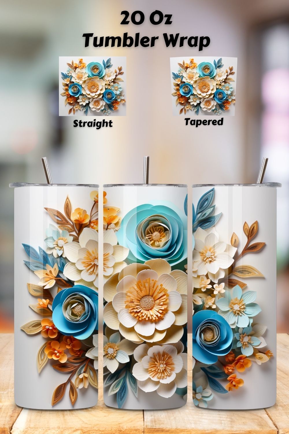 3D Flowers Tumbler Wrap | Turquoise | Spring Print PNG, 3D Floral Tumbler Wrap, Sublimation Design, 20 oz Skinny Tumbler, Paper floral tumbler sublimation designs download, colorful pinterest preview image.