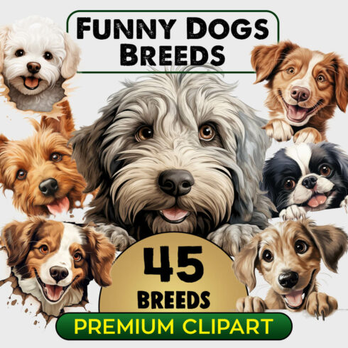 Cute and Funny Dog Breeds Clipart Bundle cover image.