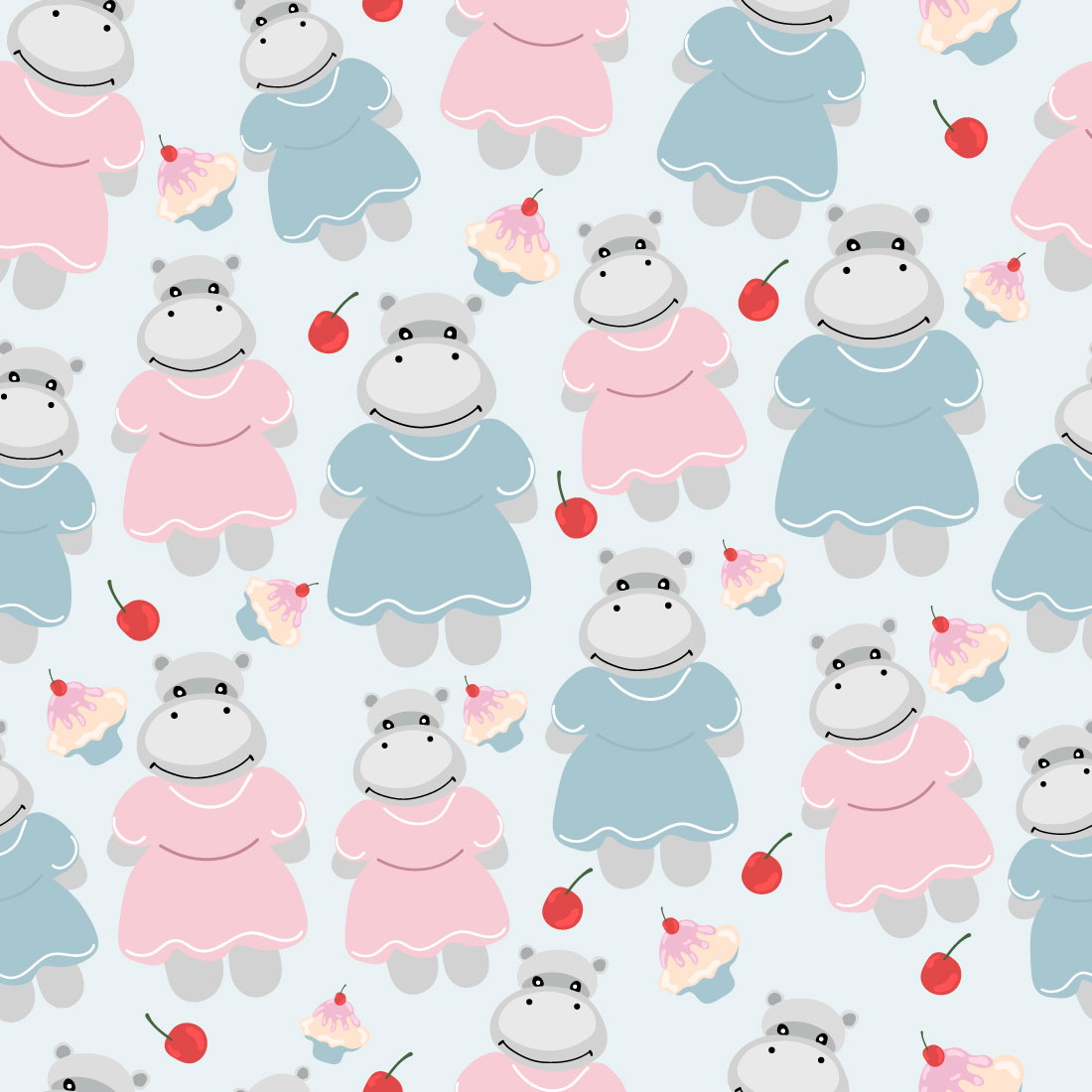 Cute Hippo Seamless Pattern preview image.