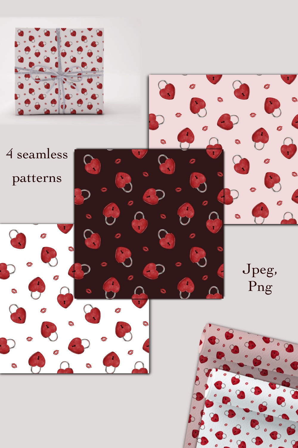 Seamless patterns Valentine’s Day pinterest preview image.