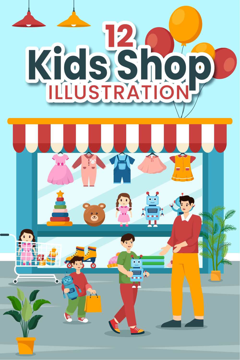 12 Kids Shop Illustration pinterest preview image.