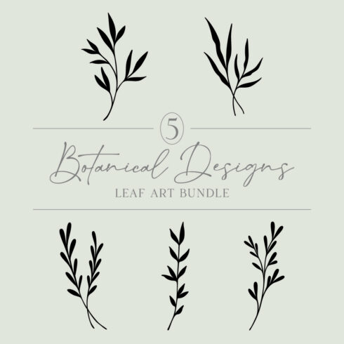 Leaf Design Bundle Of 5 | Black Silhouette Leaves | Leafy Branches | Botanical Vector Illustrations | Tropical Rainforest Plants cover image.