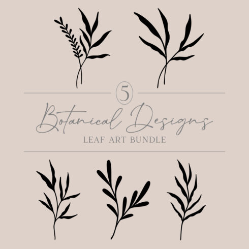 Leaf Design Bundle Of 5 | Black Silhouette Leaves | Leafy Branches | Botanical Vector Illustrations | Tropical Rainforest Plants cover image.