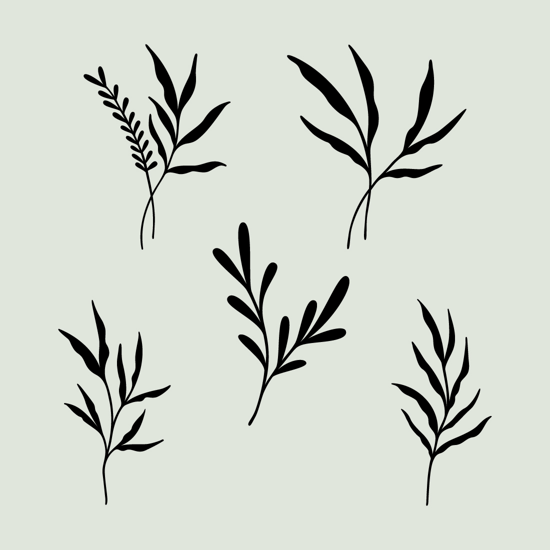Leaf Design Bundle Of 5 | Black Silhouette Leaves | Leafy Branches | Botanical Vector Illustrations | Tropical Rainforest Plants preview image.