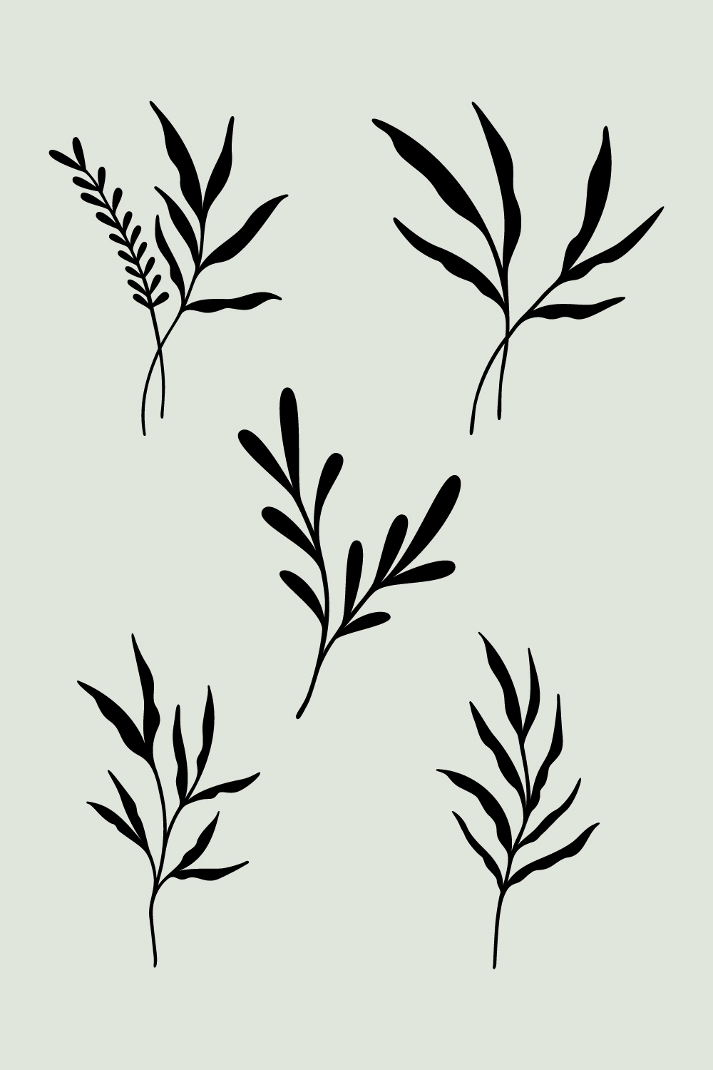 Leaf Design Bundle Of 5 | Black Silhouette Leaves | Leafy Branches | Botanical Vector Illustrations | Tropical Rainforest Plants pinterest preview image.