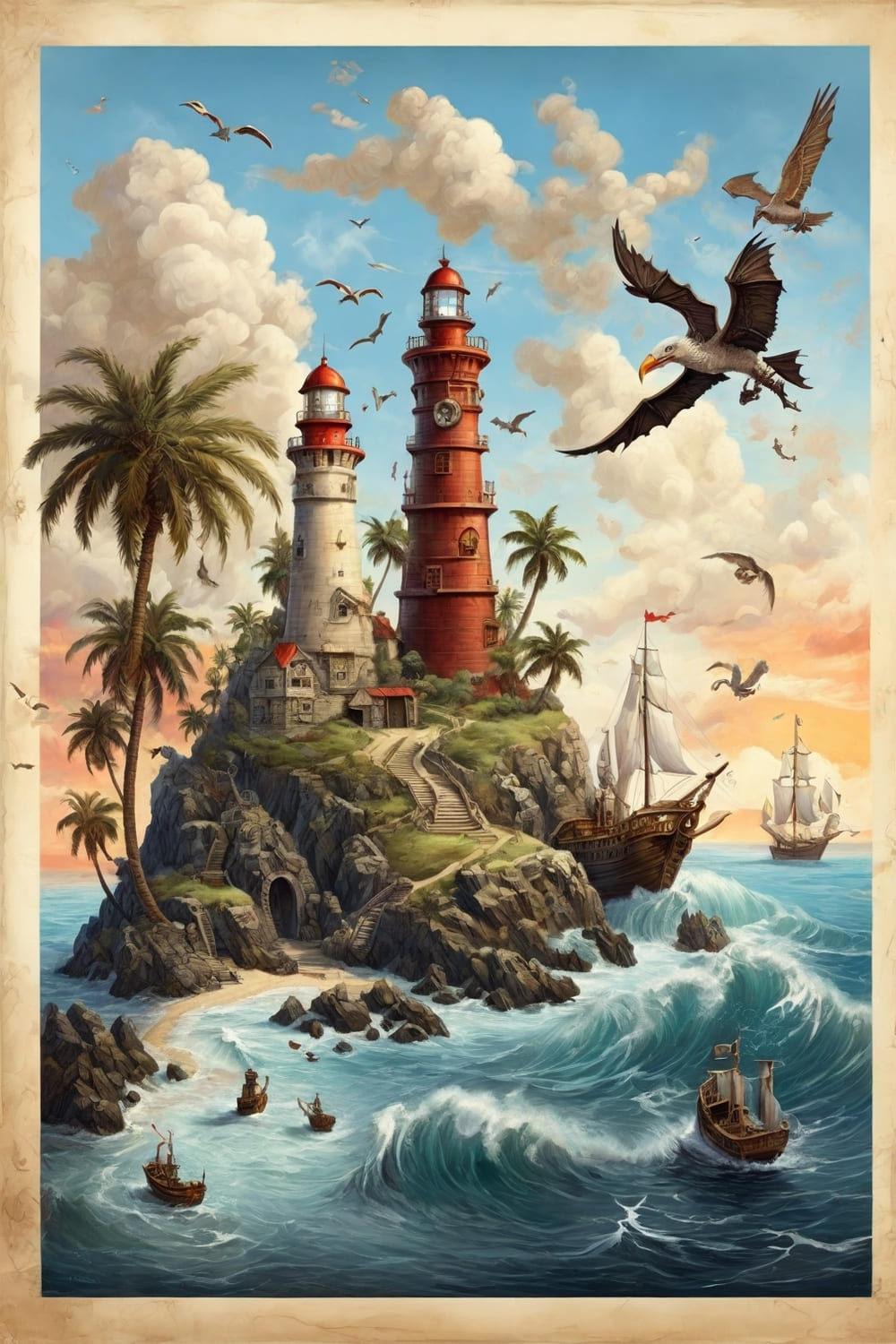 pirates, seagulls, palm trees, dragons, lighthouse on the island and ship in the waves pinterest preview image.