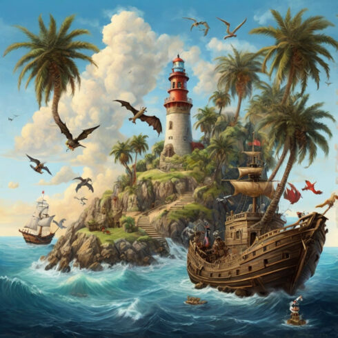 pirates, seagulls, palm trees, dragons, lighthouse on the island and ship in the waves cover image.