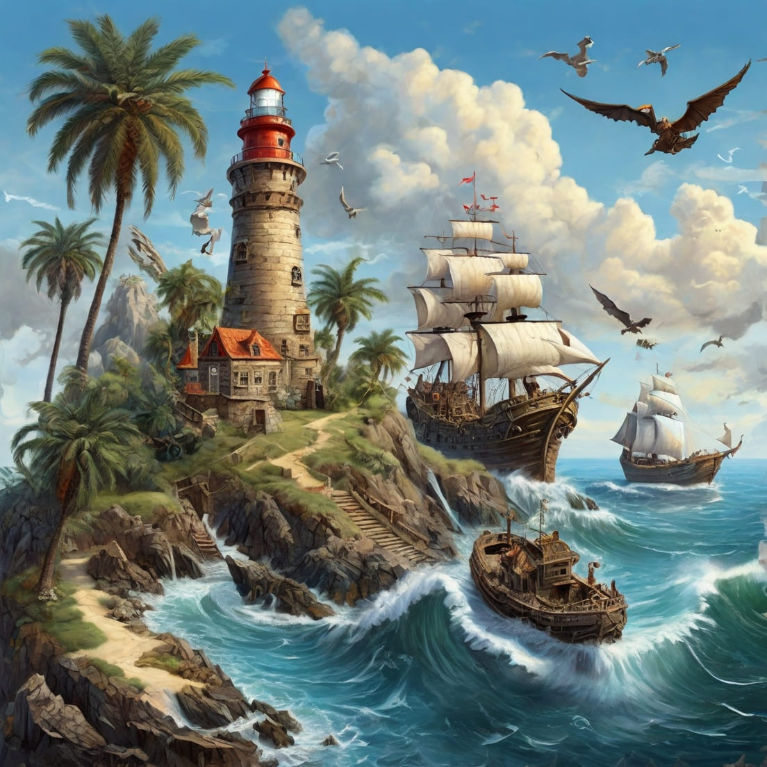 pirates, seagulls, palm trees, dragons, lighthouse on the island and ship in the waves preview image.