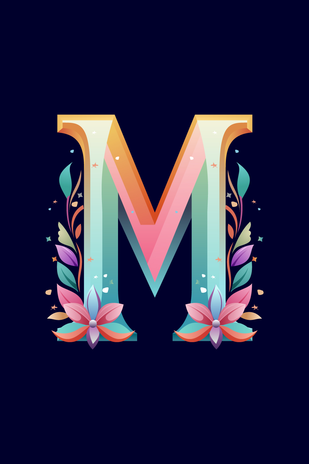 Floral alphabet M Logo for wedding invitations, greeting card, birthday, logo, poster other ideas pinterest preview image.