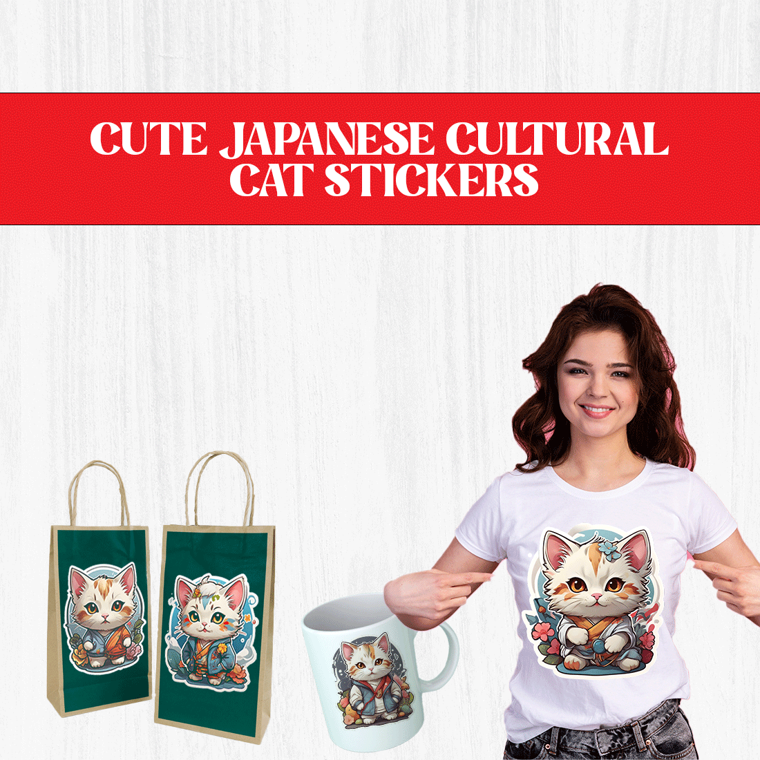 Cute Japanese Cultural Cat Stickers PNG’s preview image.