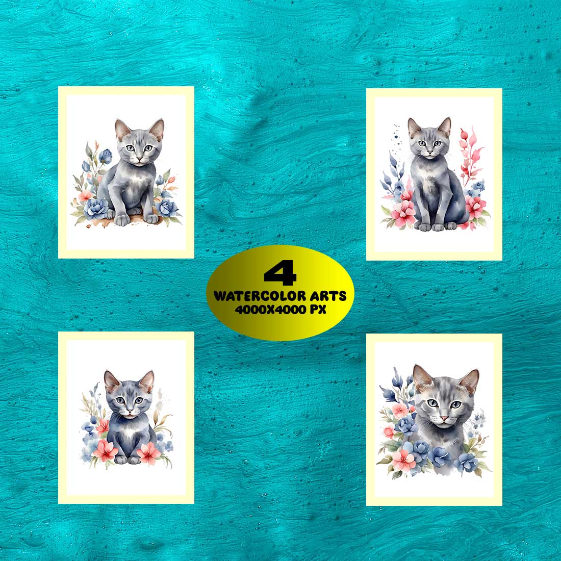 Watercolor Russian Blue Cat Arts PNG's preview image.