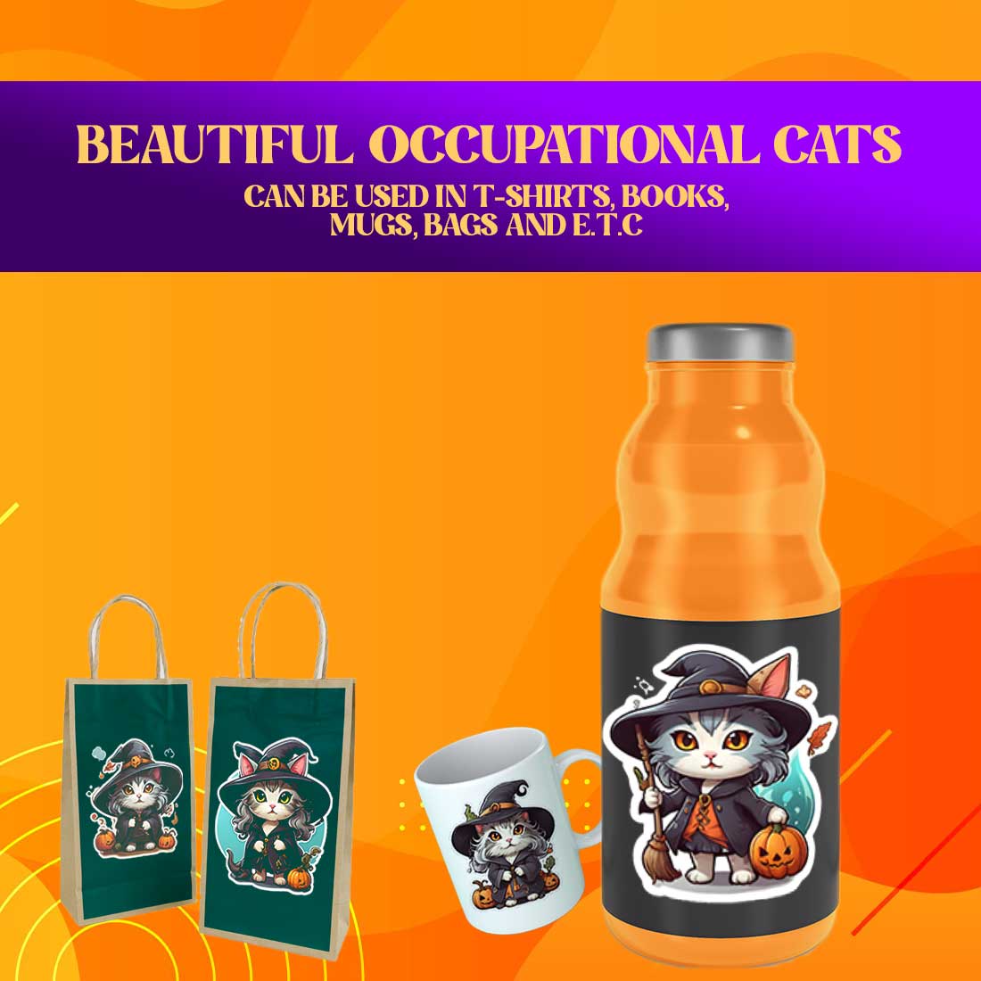 Cute Witch Cat Stickers PNG’s preview image.