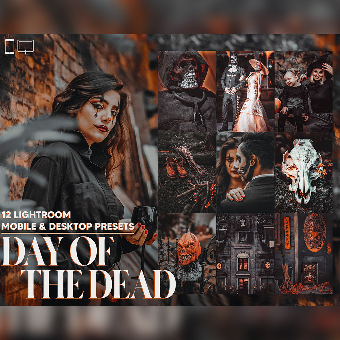 12 Day of the Dead Lightroom Presets, Halloween Mobile Preset, Black & Orange Desktop, Instagram Portrait Theme Lifestyle LR Filter DNG cover image.