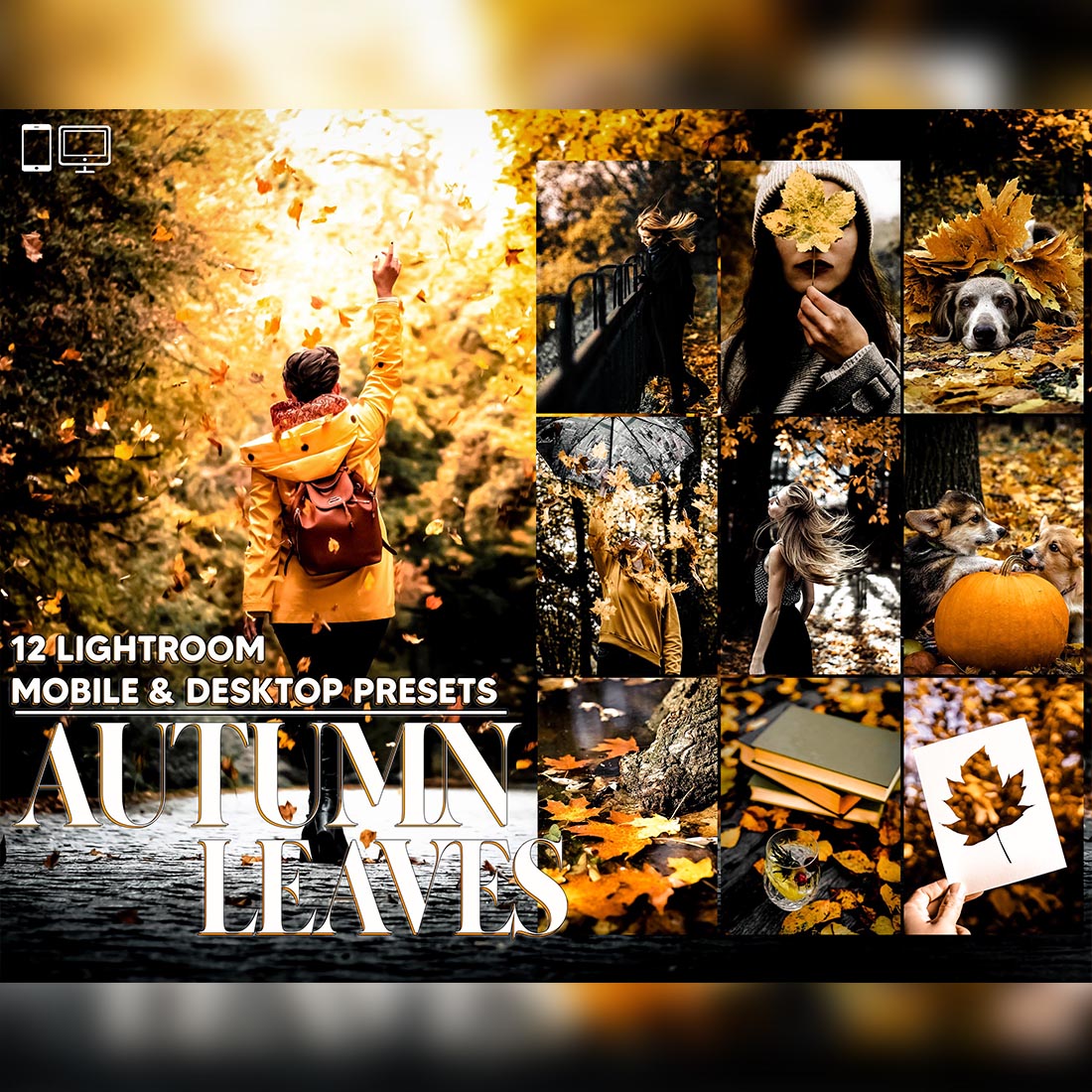12 Autumn Leaves Lightroom Presets, Fall Mobile Preset, Moody Desktop LR Filter DNG Portrait, Instagram Theme, Yellow scheme, Blogger CC cover image.