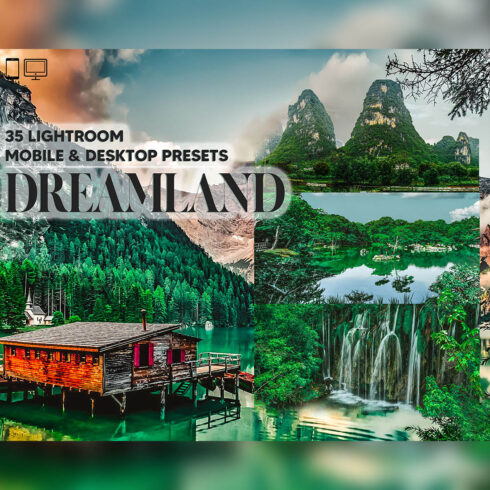 35 Dreamland Lightroom Presets, Landscape Mobile Preset, Scenery Desktop, Lifestyle Portrait Theme Instagram LR Filter DNG Nature Mountain cover image.