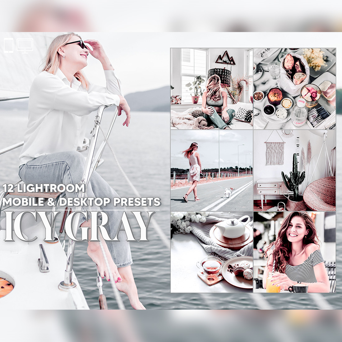 12 Icy Gray Lightroom Presets, Silvery Mobile Preset, Bright Grey Desktop LR Filter DNG Lifestyle Theme For Blogger Portrait Instagram cover image.