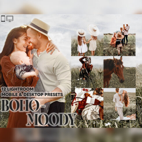 12 Boho-Moody Lightroom Presets, Rustic Mobile Preset, Family Bohemian Desktop, Lifestyle Portrait Theme Instagram LR Filter DNG Natural cover image.