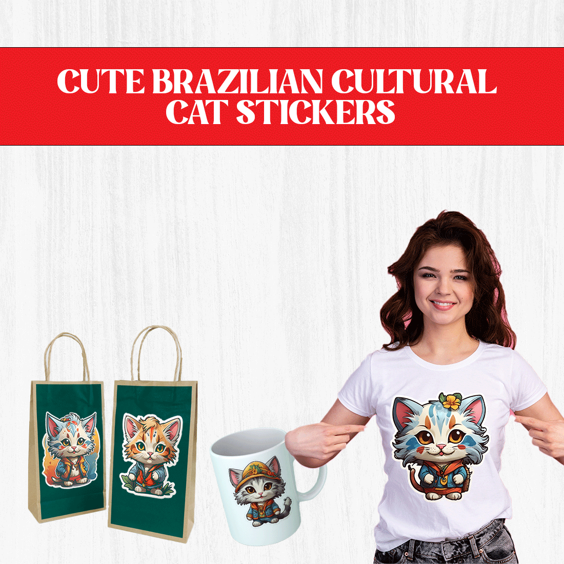 Cute Brazilian Cultural Cat Stickers PNG’s preview image.