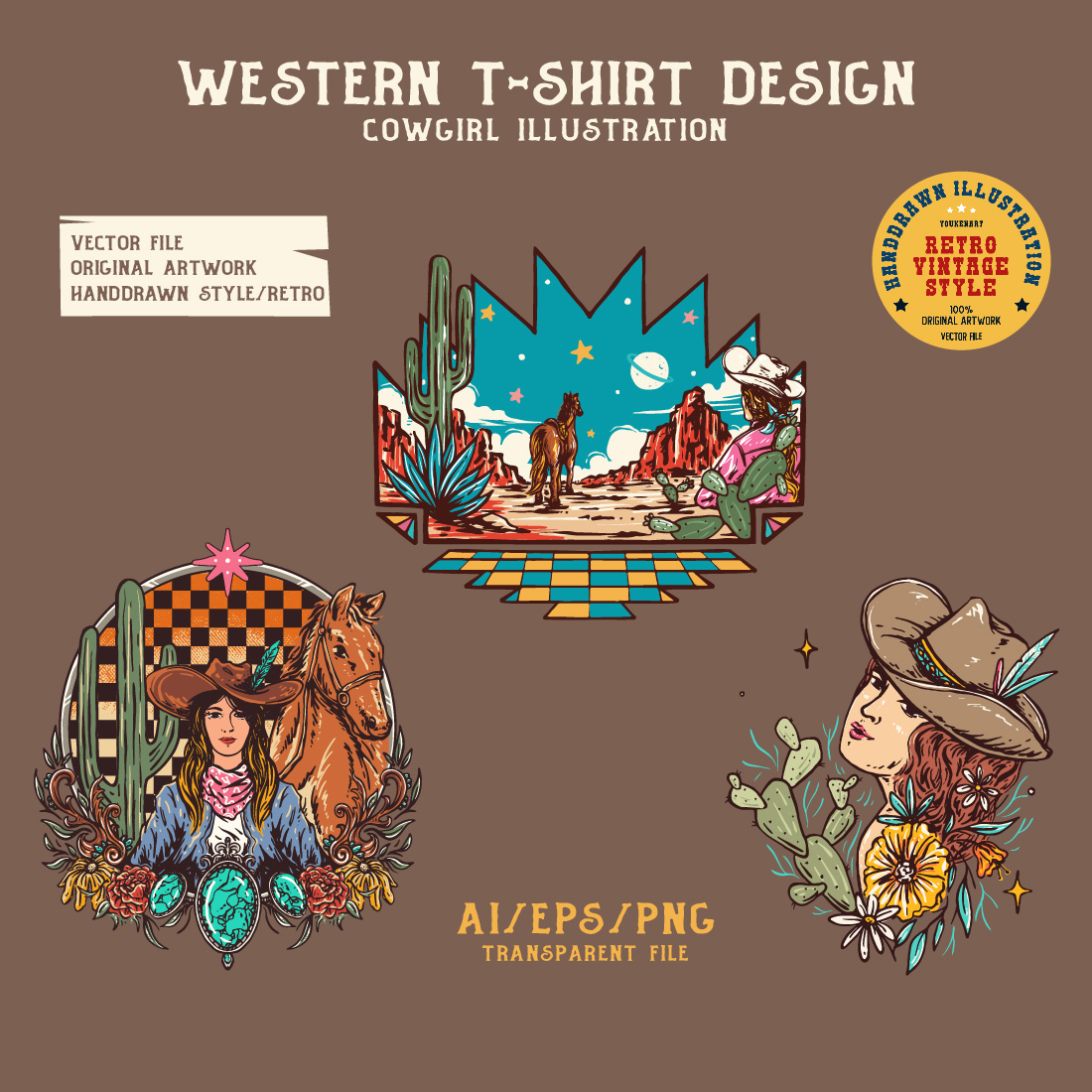Western Cowgirl tshirt design vintage illustration cover image.