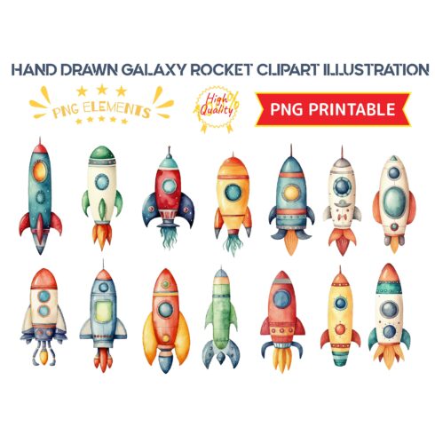 Watercolor vintage galaxy rocket clipart illustration on white PNG cover image.