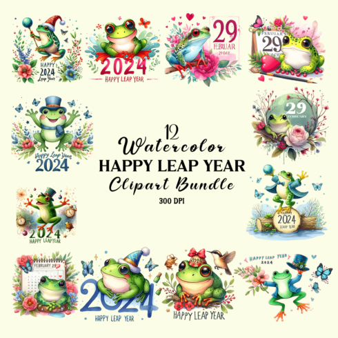 Watercolor Happy Leap Year Clipart Bundle cover image.