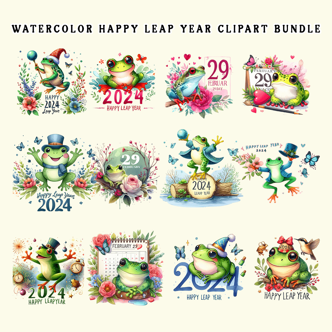 Watercolor Happy Leap Year Clipart Bundle preview image.