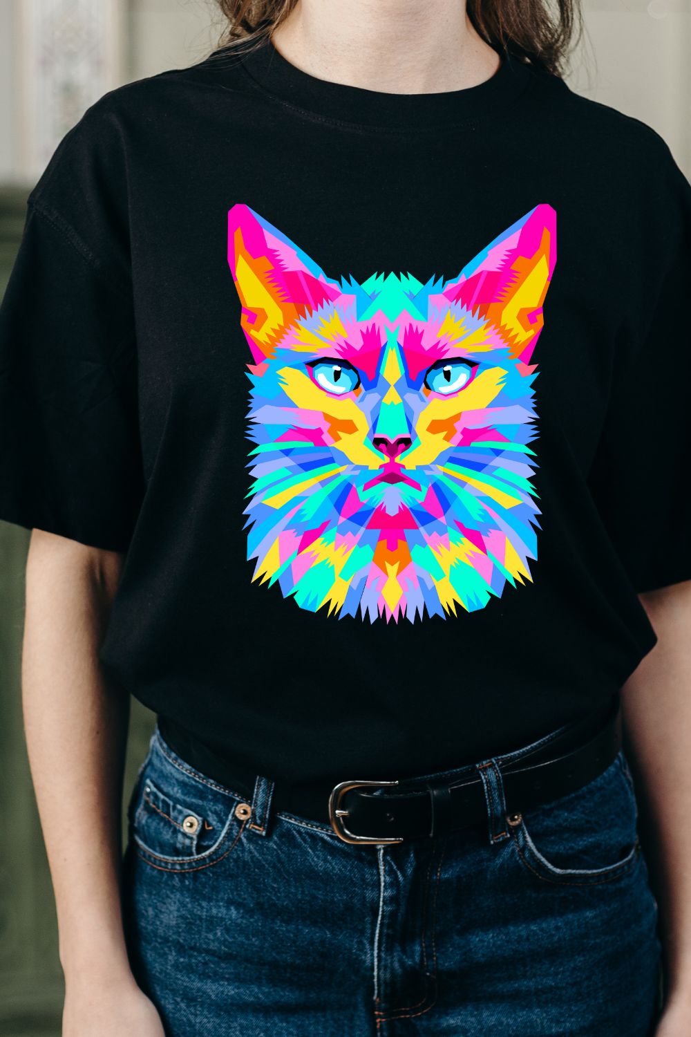 Multi-colored Cat Face Vector Illustration pinterest preview image.