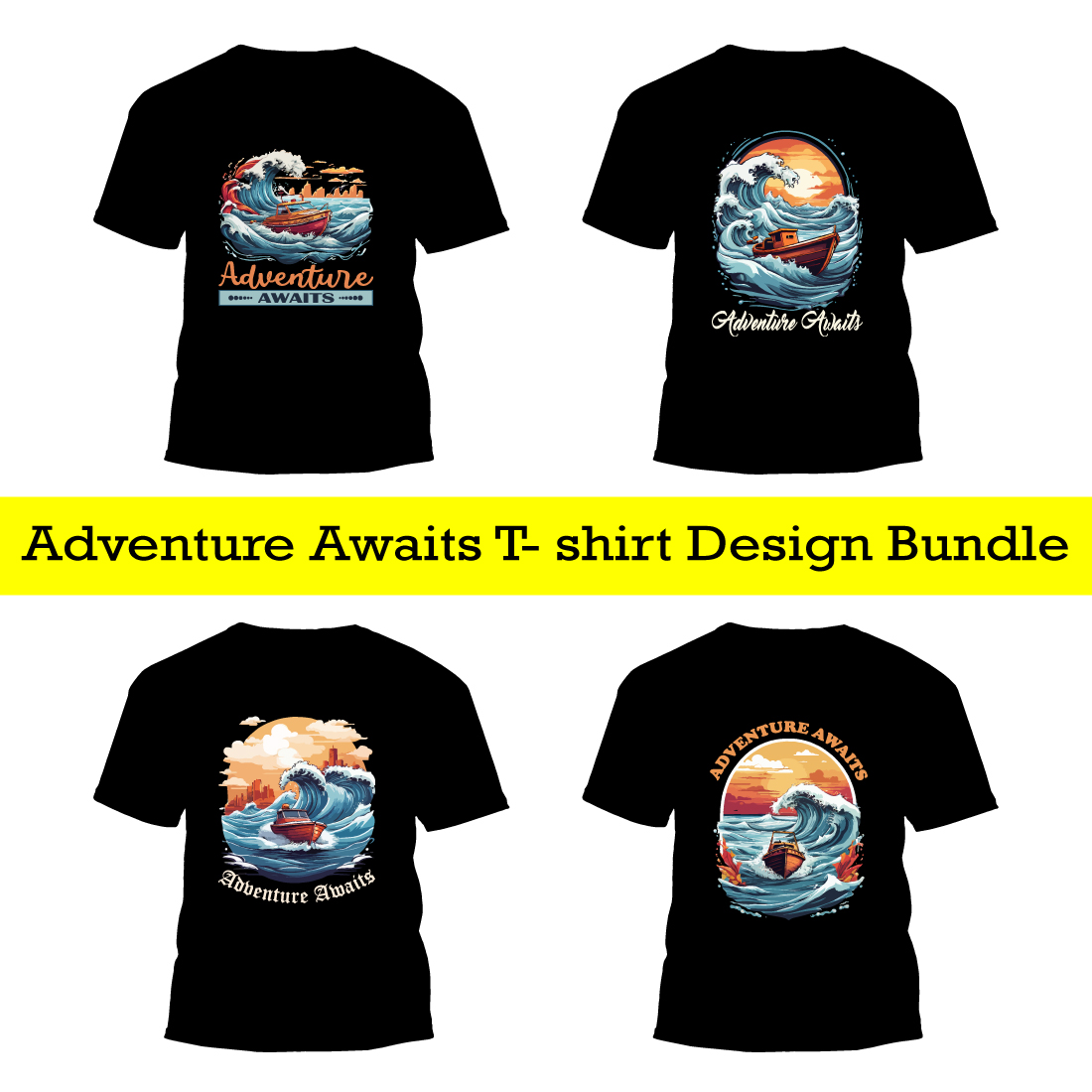 Adventure awaits t shirt design with a small boat riding the crest vector graphic for t-shirt prints, posters and other uses preview image.