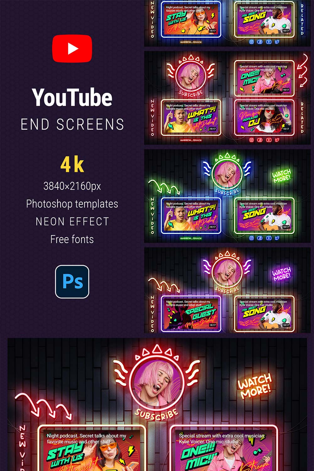 Neon YouTube End Screens pinterest preview image.