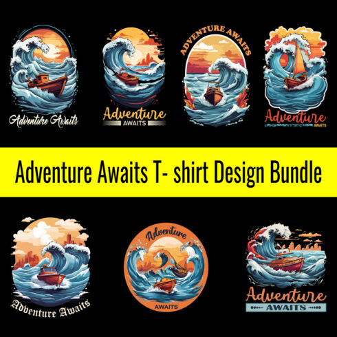 Adventure awaits t shirt design with a small boat riding the crest vector graphic for t-shirt prints, posters and other uses cover image.