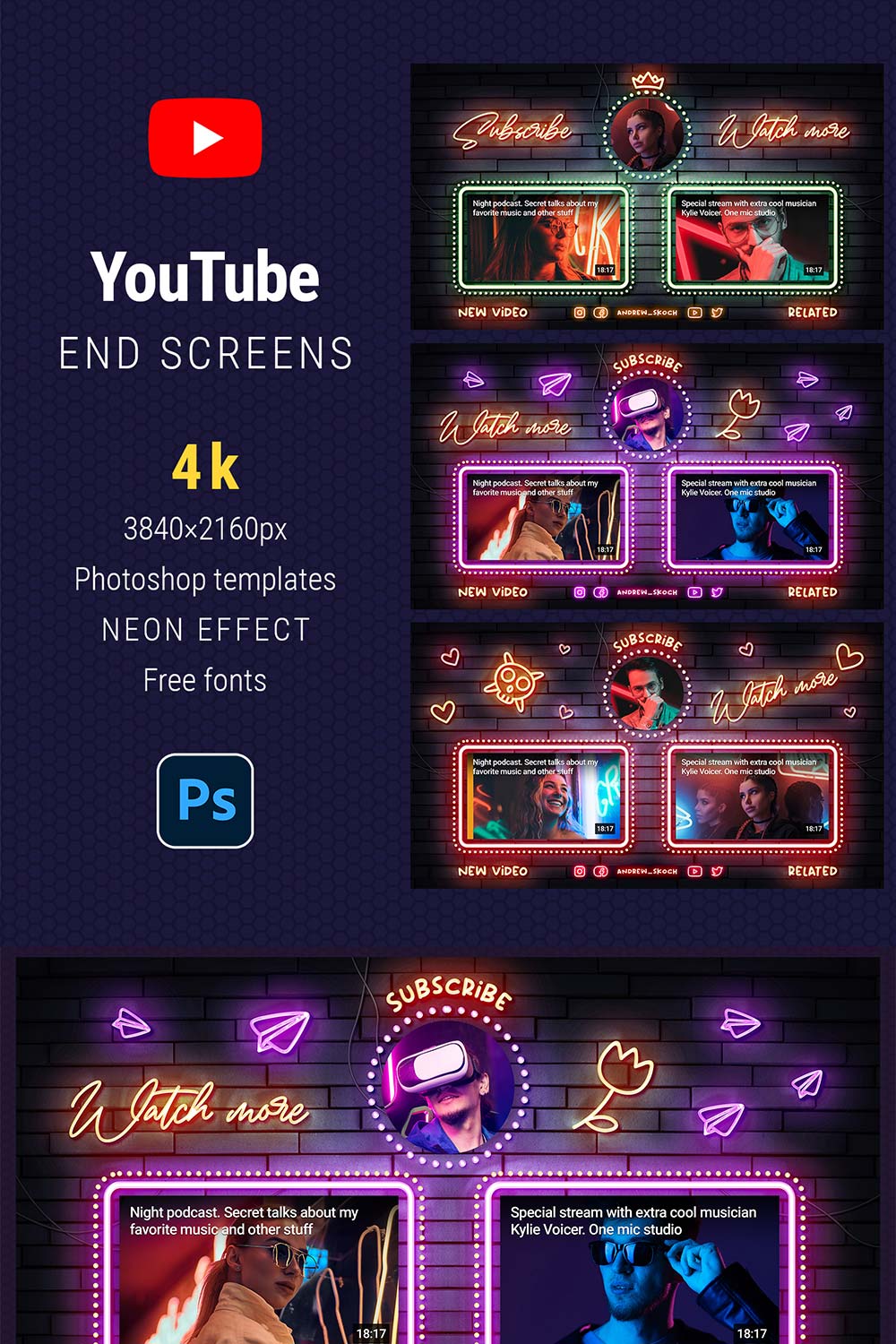 Neon YouTube End Screens pinterest preview image.