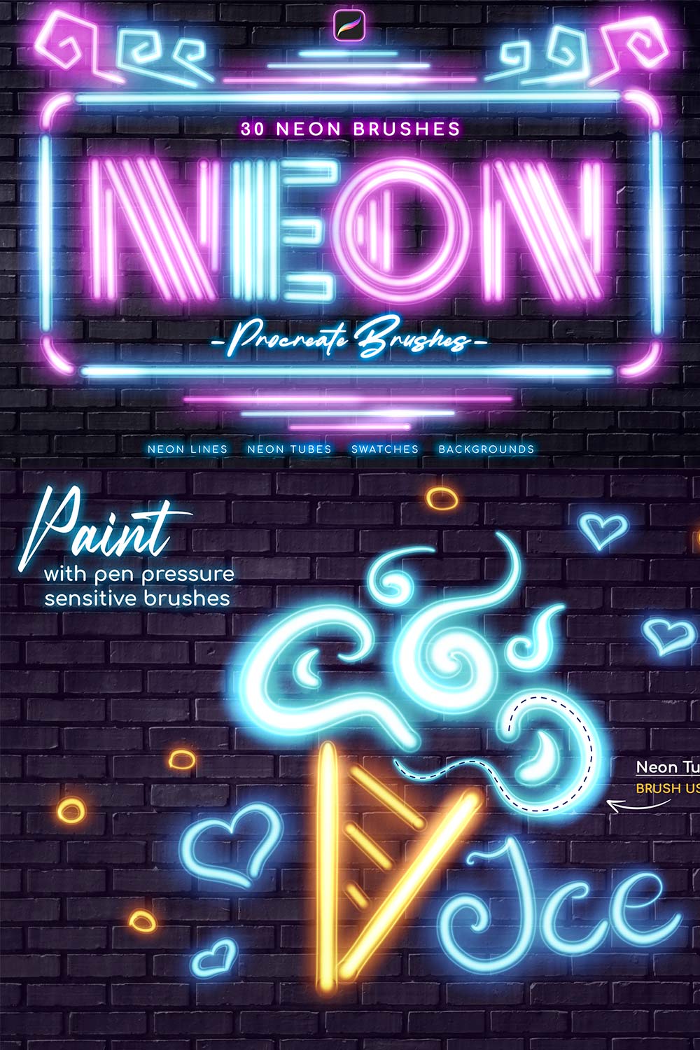 Neon Procreate Brushes pinterest preview image.