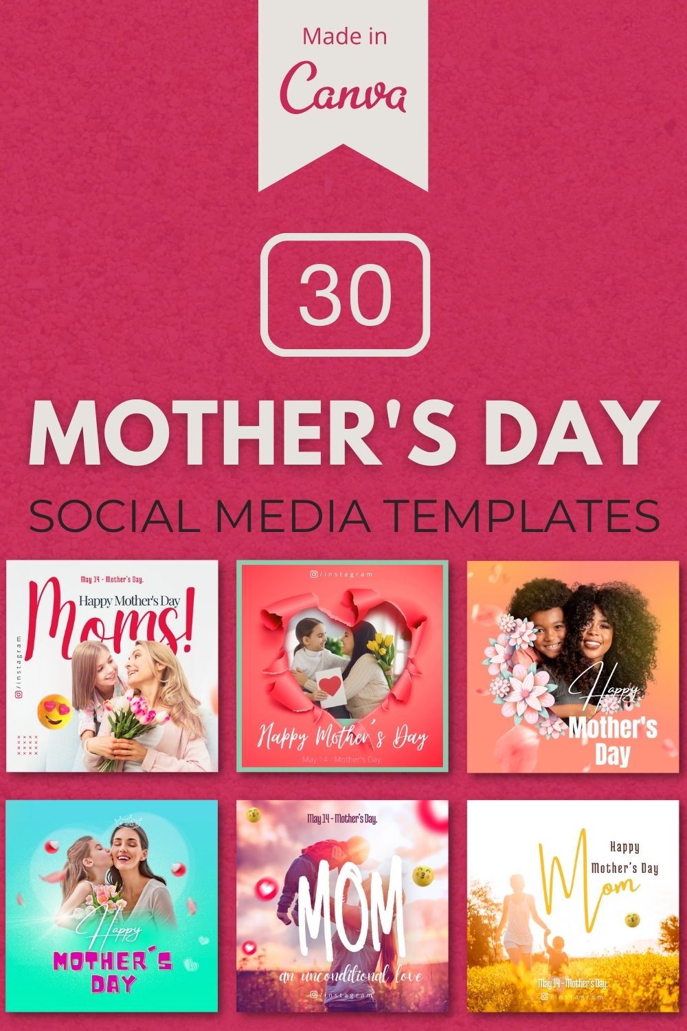 30 Premium Mother's Day Canva Templates For Social Media pinterest preview image.