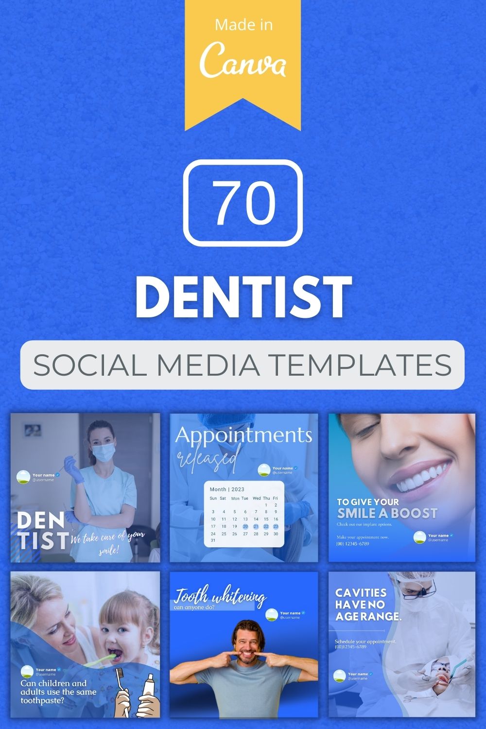 70 Premium Dentist Canva Templates For Social Media pinterest preview image.