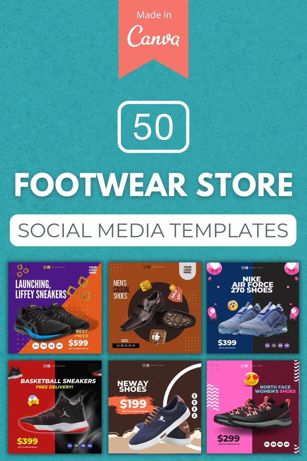 50 Premium Footwear Canva Templates For Social Media pinterest preview image.