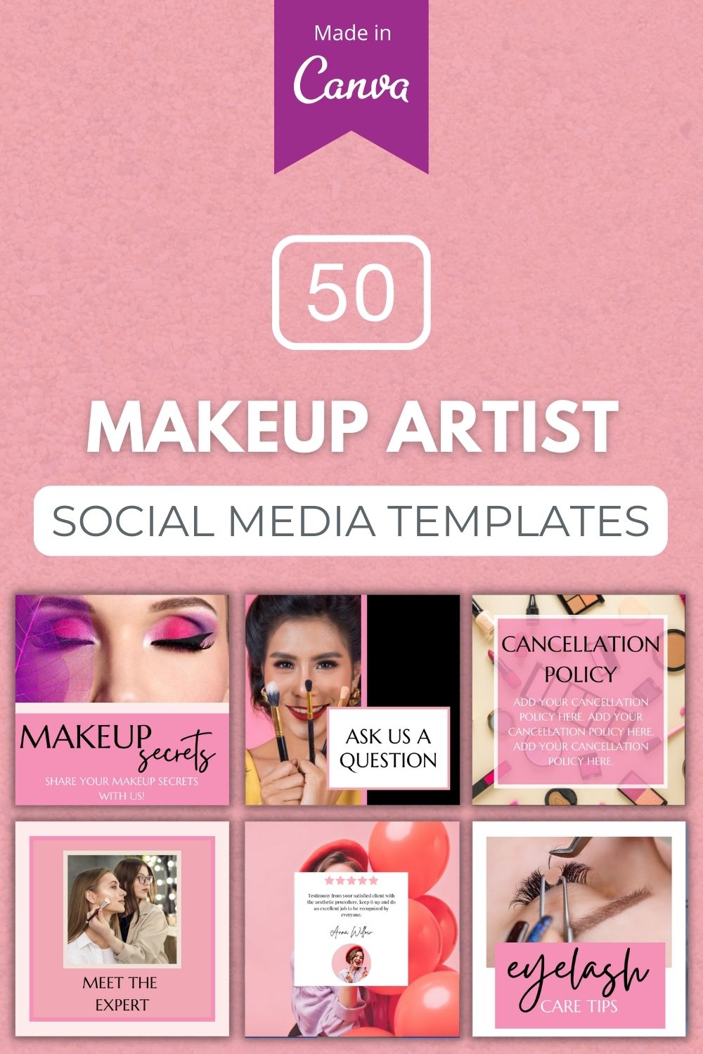 50 Premium Makeup Artist Canva Templates For Social Media pinterest preview image.
