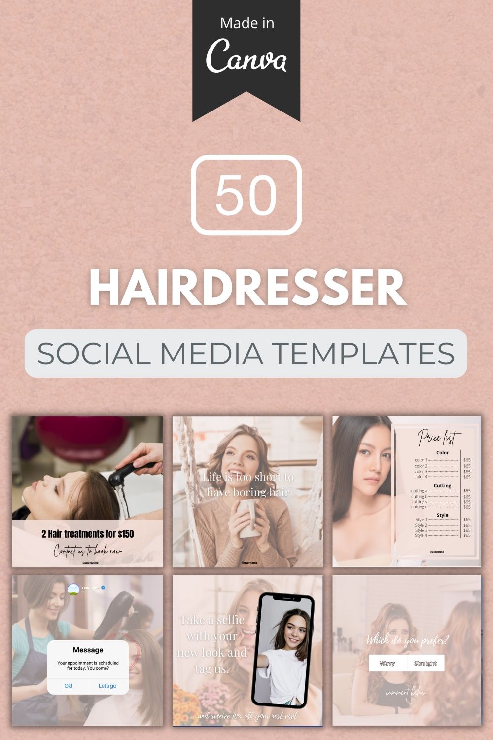 50 Premium Hairdresser Canva Templates For Social Media pinterest preview image.