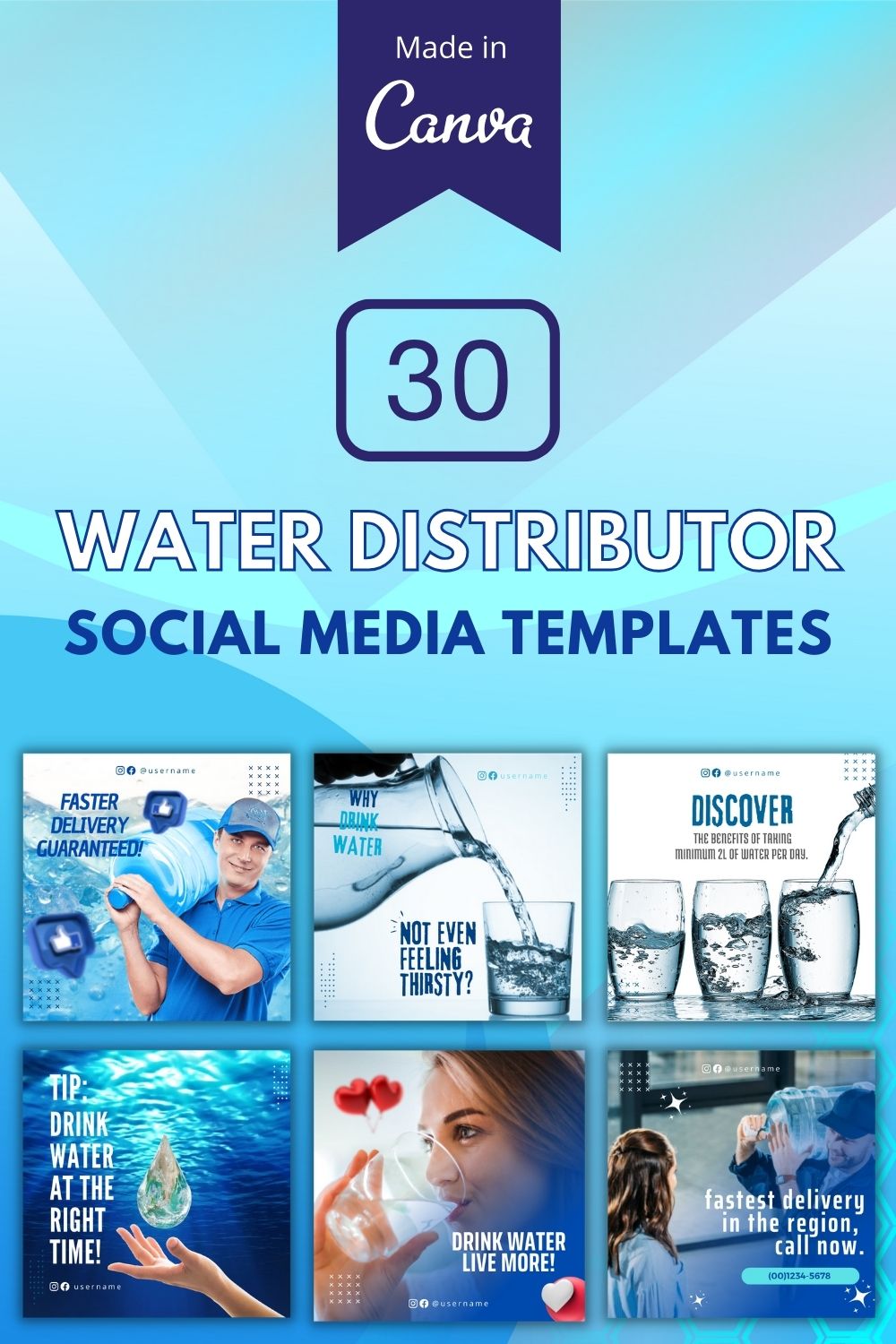 30 Water Distributor Canva Templates For Social Media pinterest preview image.