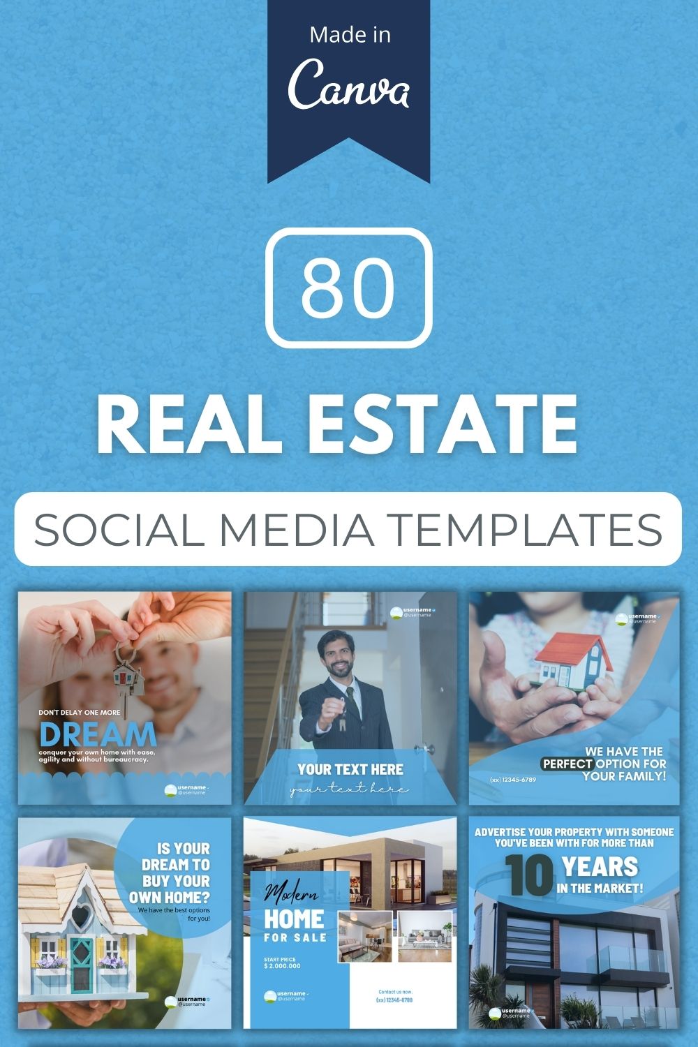 80 Premium Real Estate Social Media Templates (Canva Templates) pinterest preview image.