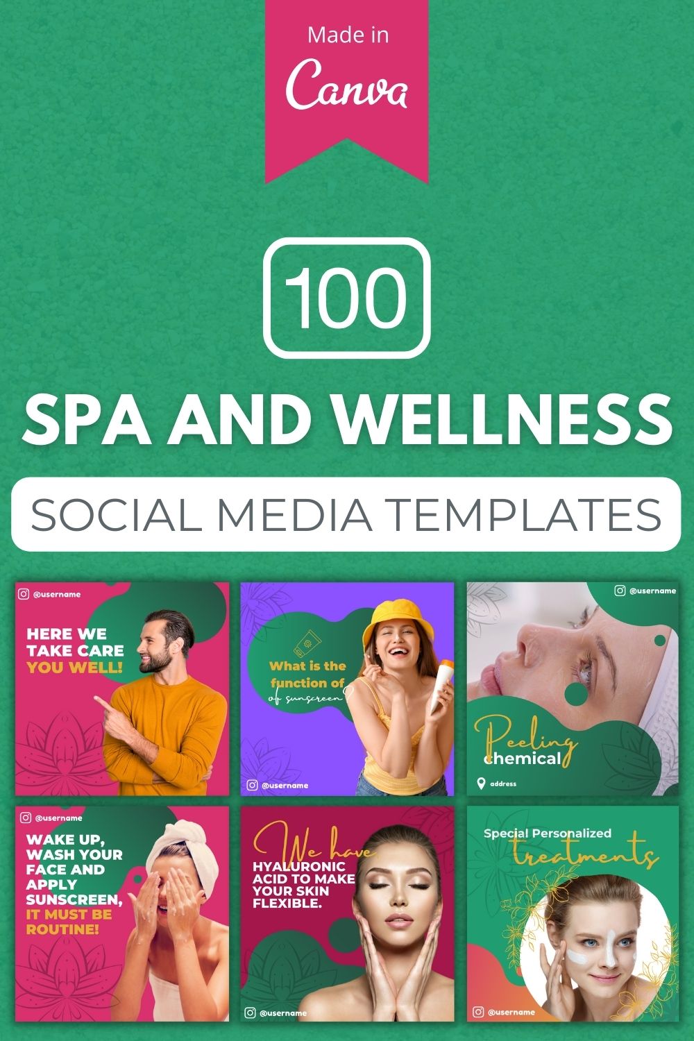 100 Spa and Wellness Canva Templates For Social Media pinterest preview image.