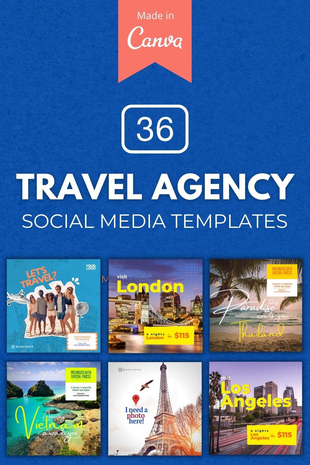 36 Premium Travel Agency Canva Templates For Social Media pinterest preview image.