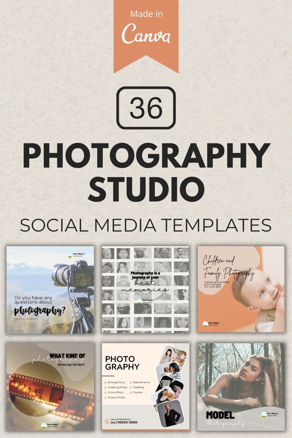 36 Photography Studio Canva Templates For Social Media pinterest preview image.