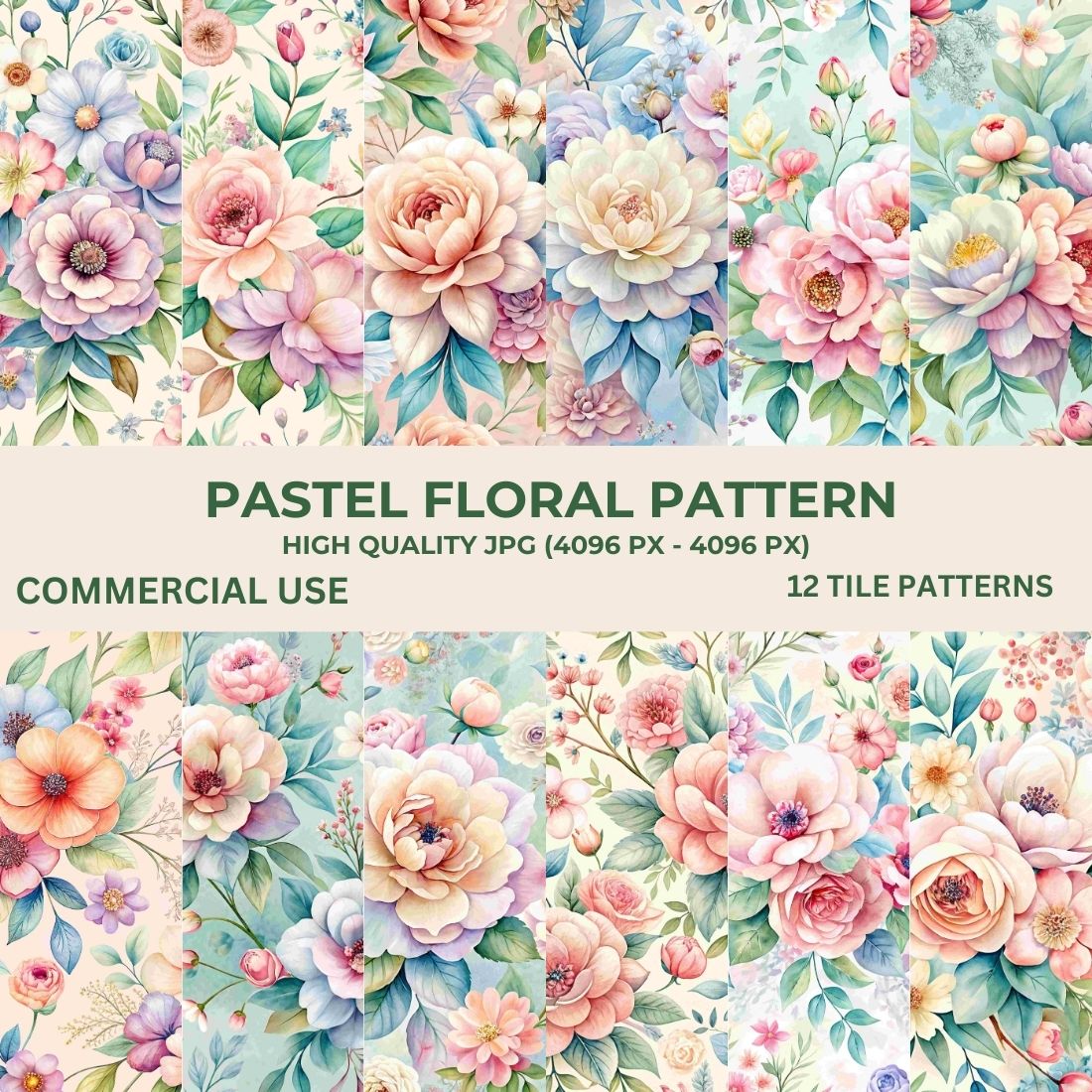 Pastel Floral Illustration Tile Pattern Bundle preview image.