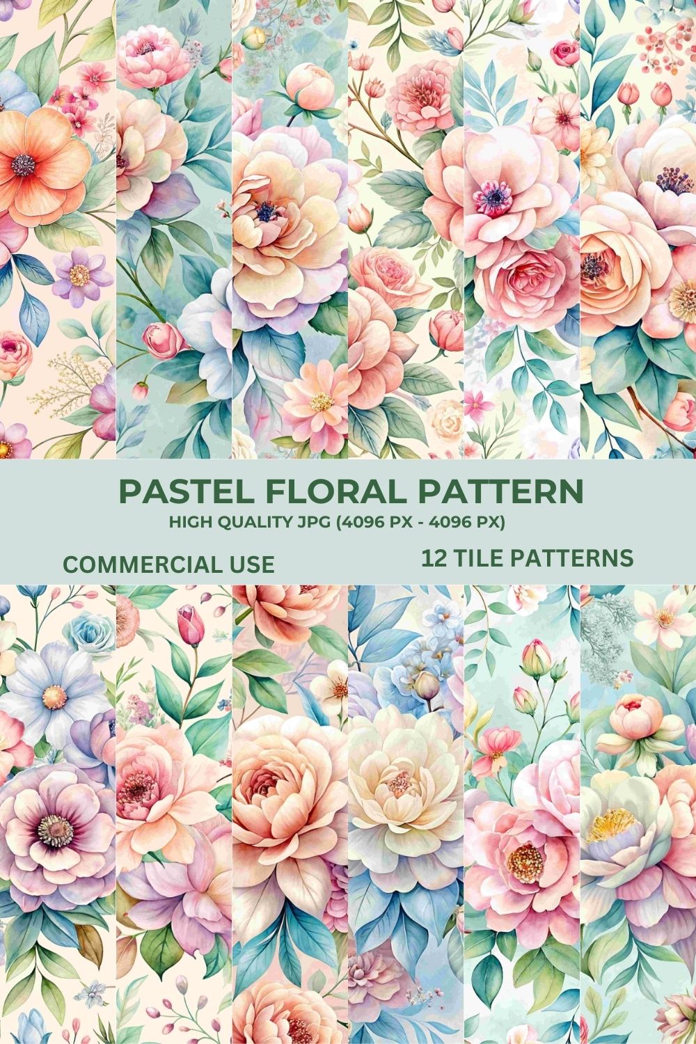 Pastel Floral Illustration Tile Pattern Bundle pinterest preview image.