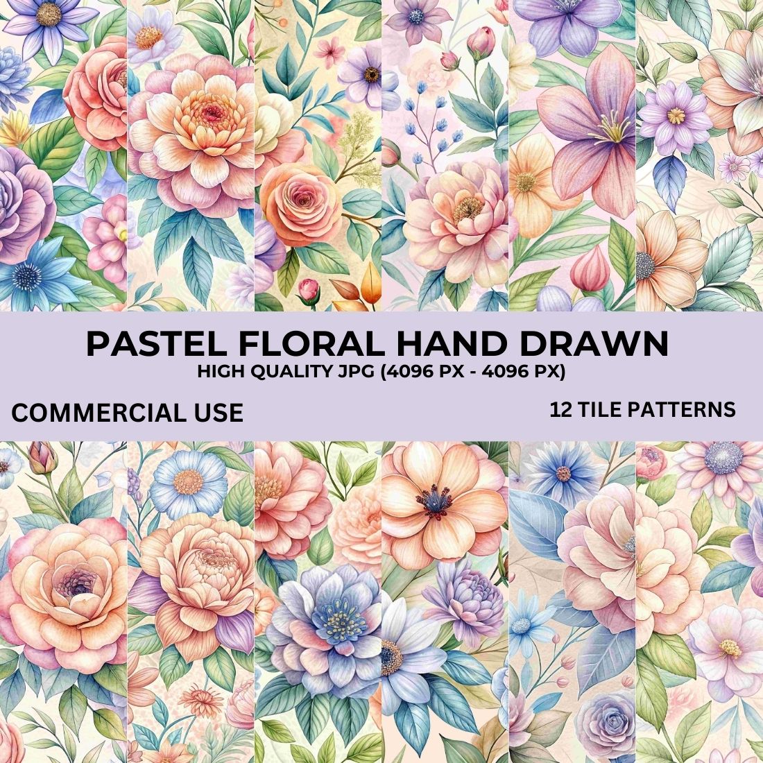 Pastel Floral Hand Drawn Pattern Bundle preview image.