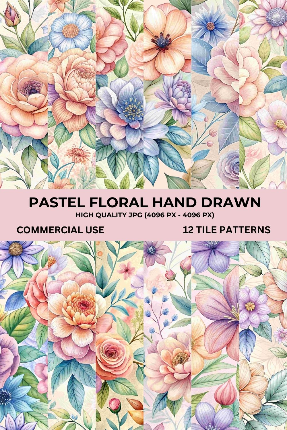 Pastel Floral Hand Drawn Pattern Bundle pinterest preview image.