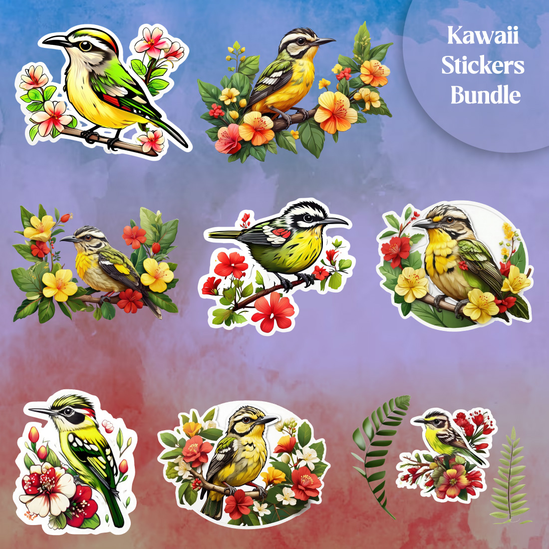 Kawaii Stickers bundle of Tinkerbirds with flowers and leaves for only 4$ preview image.