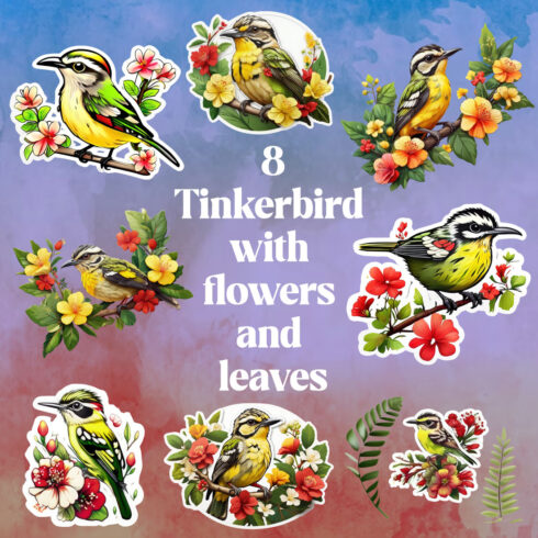 Kawaii Stickers bundle of Tinkerbirds with flowers and leaves for only 4$ cover image.