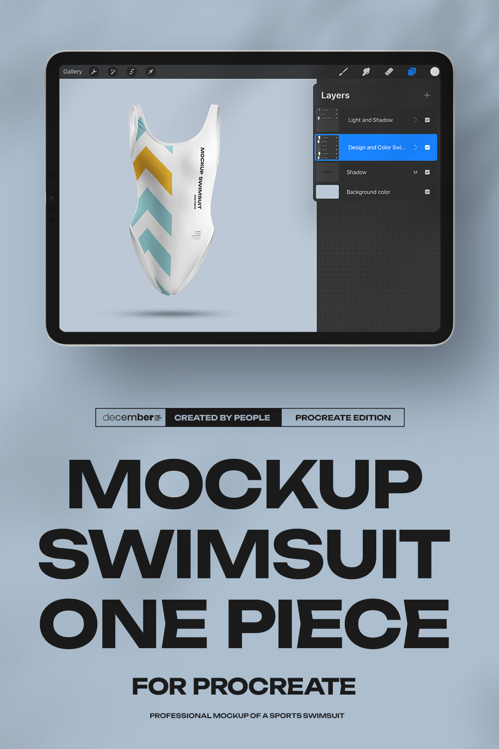 4 Mockups of a One Piece Sports Women's Swimsuit for Procreate 3D Style pinterest preview image.