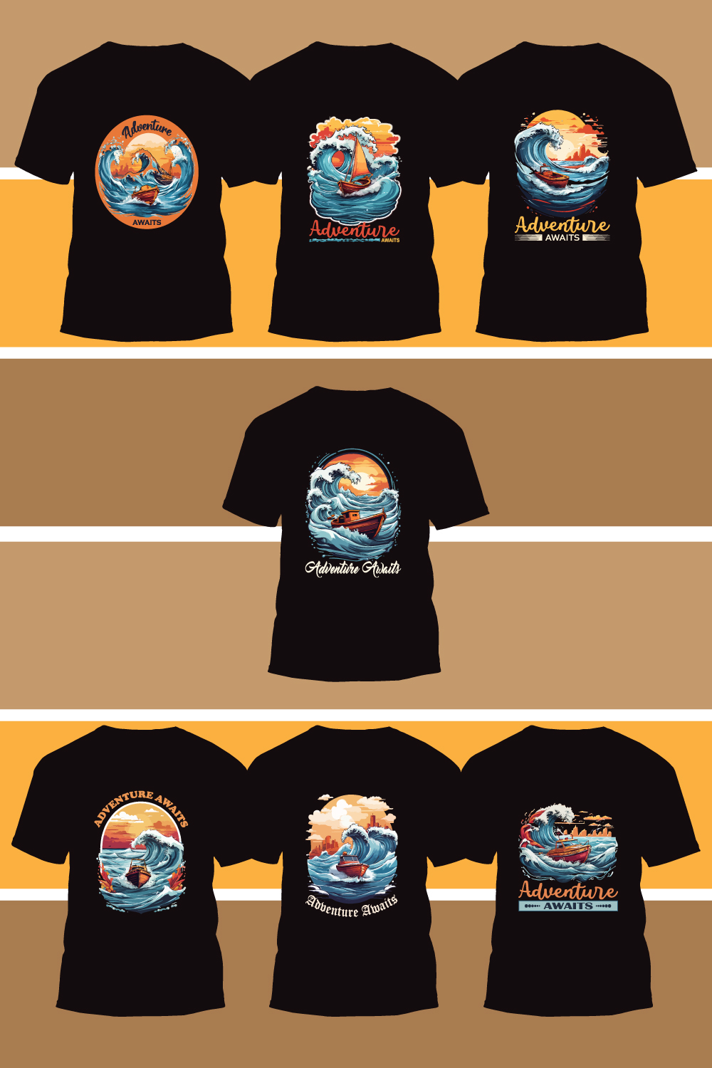 Adventure awaits t shirt design with a small boat riding the crest vector graphic for t-shirt prints, posters and other uses pinterest preview image.